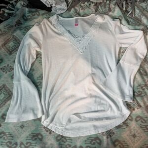 White Lace Trim Long Sleeve Top